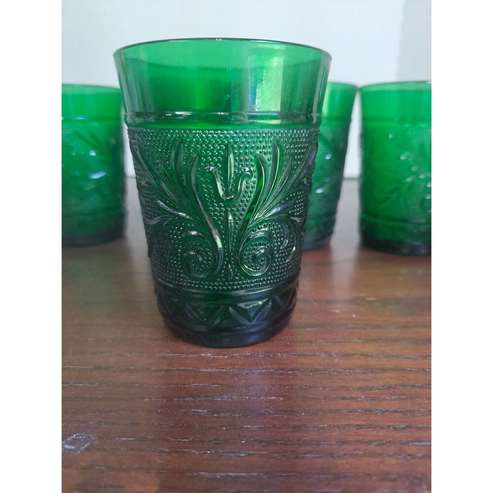 Set Of 5 1950s Anchor Hocking Forest Green Floral And Foliage Sandwich Glass...